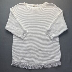 Retrology Women's Beige White Pullover Sweater Fringed Short Sleeve Size M